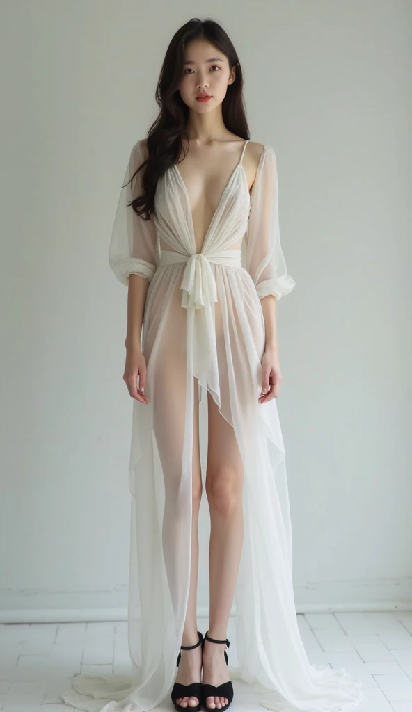 fashion photoshoot: 1girl,soft light,rim light,beautiful,realistic,studio photography,natural skin texture,realistic 눈과 얼굴 디테일,surrealism,ultra high resolution,4K,best quality,masterpiece,Fashion Magazines,vogue magazine,Quirky Fashion,magazine cover,full body shot,touch one's chest,크기가 big_well aware,femur_gap,floating_hair,hair_blowing,shining_skin,big_femur,Thick_femur,Wearing only an open blazer,underwear