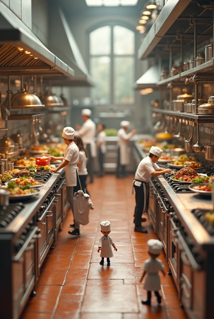 A large kitchen in which small tiny chefs are making dishes wearing ...