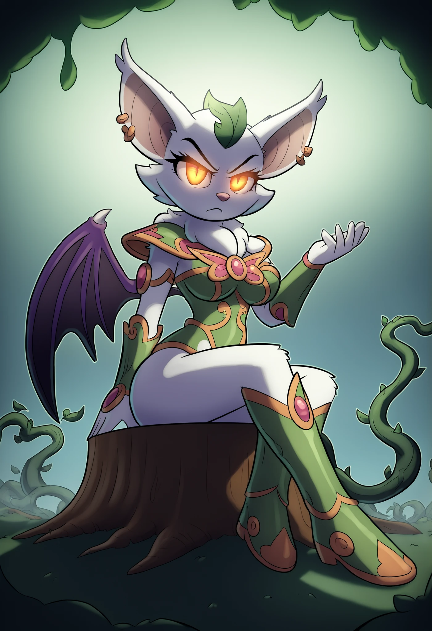 Create a purple-skinned female fairy with a sleek, minimal, nature-themed armor design. Her body is athletic yet delicate, with cat-like purple, eyes and flowing white hair, crowned by two thin green antennae. She wears a minimalist green and gold armor set: small, leaf-shaped arm guards, a modest chest piece with a nature motif, and lightweight thigh-high boots that contour to her legs, allowing full movement. Her armor should be sleek and unobtrusive, maintaining an agile appearance while still showing protection. A thin, white fluffy scarf wraps around her neck, creating contrast. Ensure her long, flowing white tail is clearly visible and unobstructed by any armor or anatomy issues. In the background, dark, thorny vines twist and coil around her. The focus is on her sleek, agile design with clear, clean anatomy, ensuring no clipping or anatomy distortions detailed face, extremely detailed eyes, masterpiece, 4k, 8k, highres, ultra-detailed, physically-based rendering, vivid colors, studio lighting cinematic lighting, dramatic lighting, fantasy, dramatic composition, dynamic pose, dramatic pose, volumetric lighting, bat ears, fluffy ears, C-cups, Large breasts, shapely figure, cloud-like fur around neck, wrapped fur around neck, snug fit, soft fur, white fluffy fur, tribal, vine-wrapped, verdant energy, nature, serious expression, nighttime, moonlight in a lush forest landscape, detailed facial features, sitting on a tree stump, moonlight filtering through the leaves, sword, dark fantasy, modern fantasy, vine magic, shadow magic, wielding magic, legs crossed, hands up, spell casting, ominous aura, dark aura, magical energy, swirling leaves, glowing eyes, mystical atmosphere, green highlights, magical girl, fantasy vibe,