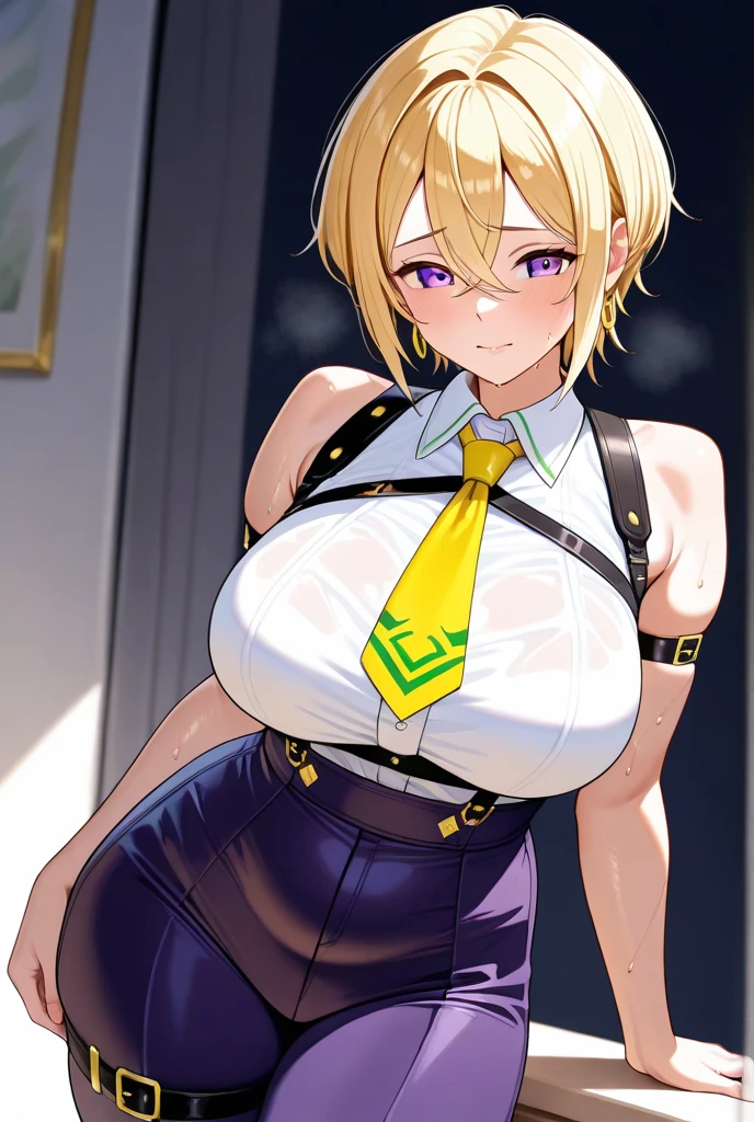 amicia michella - nijisanji, 1girl, brown short hair, yellow inner hair, wavy hair, green eyes, detailed eyes, thin lips, painted lips, shy smile face, wide hips, thick thighs, huge round ass, shiny oily breasts, white bridal dress, white pantyhouse, white high heels, full body, sunrise, garden, dynamic pose, nsfw, high res, ultrasharp, 8K, masterpiece