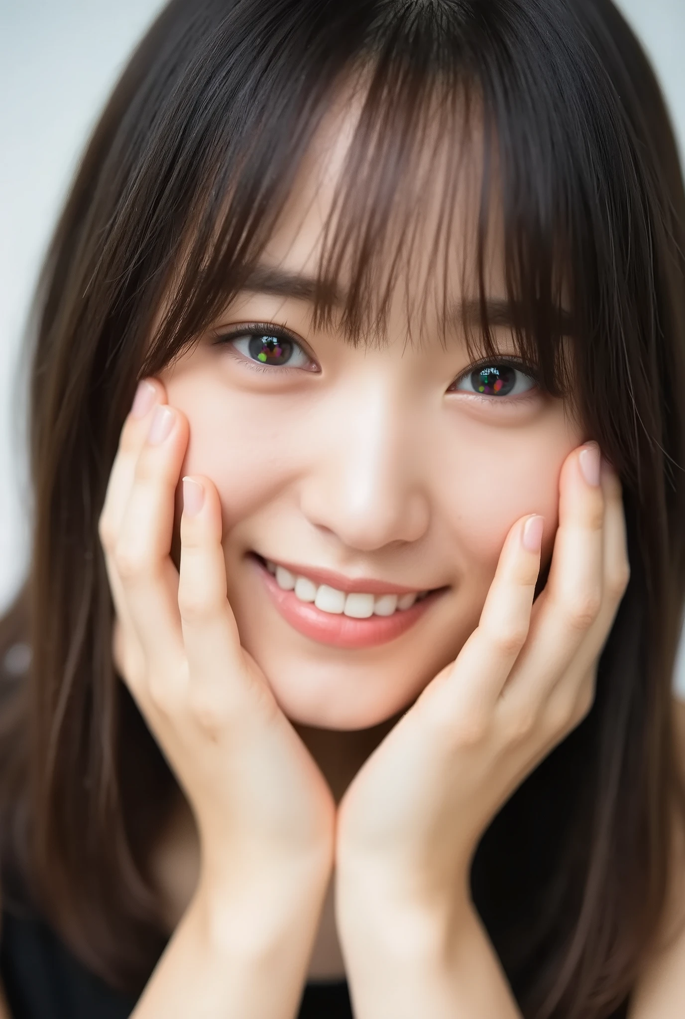 extreme close-up portrait, beautiful girl with her love-struck, radiant face filling the entire frame (95% face ratio), gently placing both open hands on her flushed cheeks with soft fingers, soft black camisole, white blurred background, eyes dreamy and half-lidded, deeply adoring gaze fixed straight at the viewer, irises ultra-detailed with intricate rainbow reflections and glowing catchlights, moist and sparkling eyes as if about to tear up from overwhelming joy, soft melting smile revealing slightly parted lips and upper teeth, skin with visible soft pores, realistic skin texture with warm lighting and subtle shadows, delicate eyelashes, glossy lips with natural highlights, cheeks glowing with deep blush, cinematic soft lighting, lifelike expression full of romantic euphoria, overflowing with happiness, warmth, and pure affection, subtly tilting her head as if whispering a name in total bliss, ultra photorealistic, masterpiece, 8K, hyperreal detail, skin pores, detailed iris texture, cinematic mood