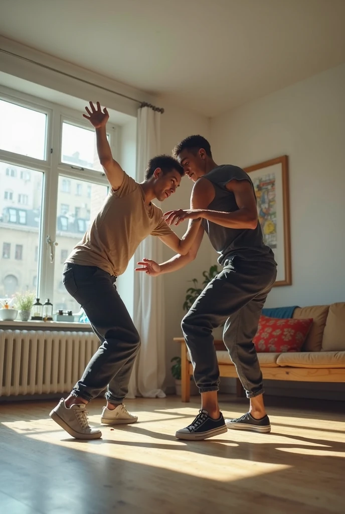 Sexy teen guy with a tanned body wearing a sleeveless hoody, fit ripped pants and nike shoes is sitting on the top of another guy who is crawling on all fours and carrying him at a room