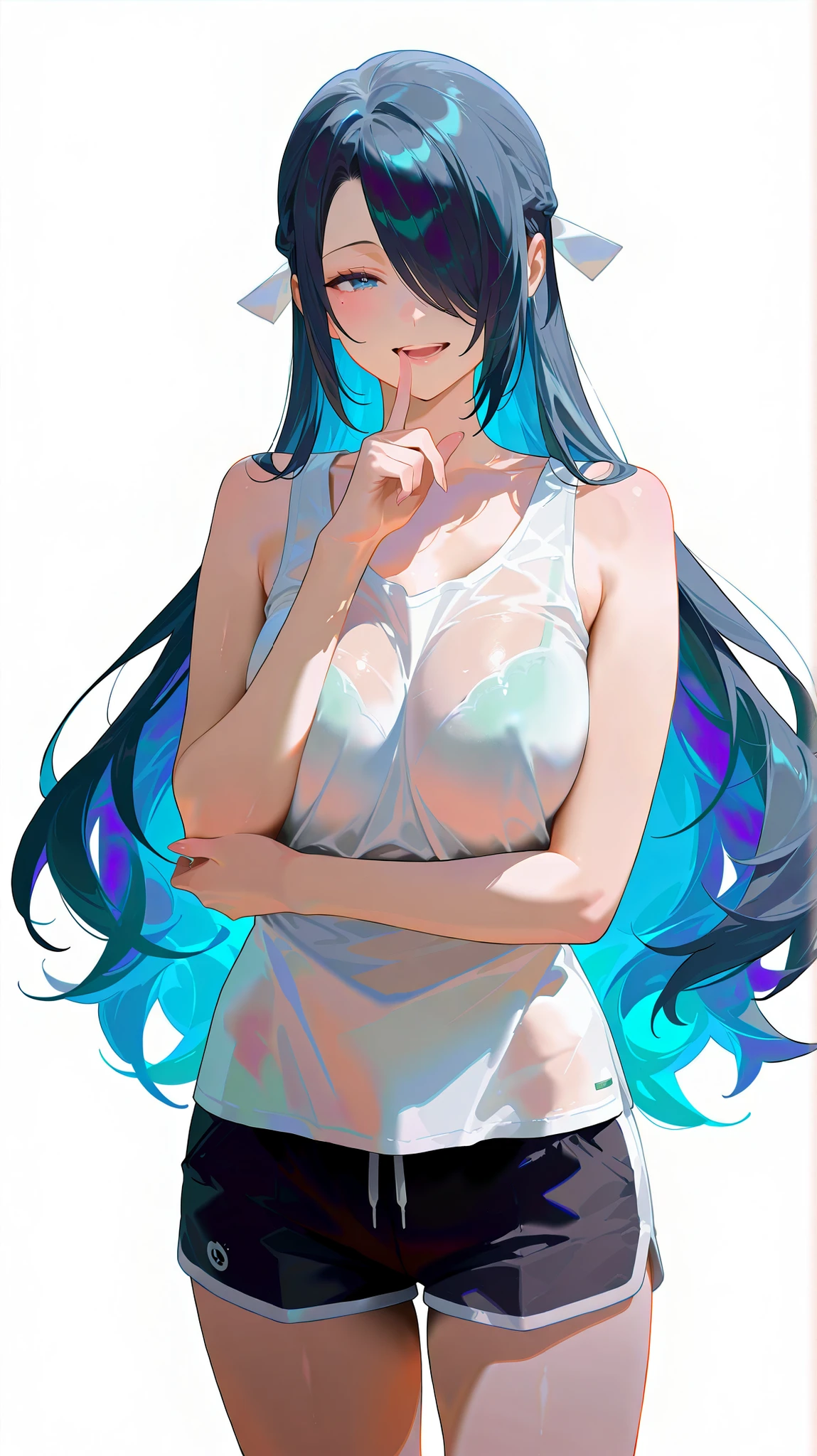 masterpiece, best quality, best quality, official art, beautiful and aesthetic:1.2),(8k, best quality, work:1.2), (((masterpiece))),(((best quality))),(((very detailed))), illustration, who, (masterpiece, best quality, best quality, official art, beautiful and aesthetic:1.2),(8k, best quality, work:1.2), azuma_fubuki, white background, background simple, digital illustration of a young woman with long flowing dark blue hair and striking blue eyes. She is depicted in a relaxed and slightly provocative pose, with her right hand gently touching her chin and her left arm relaxed at her side. She is wearing a white loose sleeveless top that covers her shoulders and chest, 1girl, , solo, long hair, shorts, hair above one eye, white background, looking at viewer, mole, mole under eye, blue hair, big , simple background, finger to mouth, black shorts, blue eyes, smiling, bare shoulders, cowboy shot, white t-shirt, black hair, white shirt, open mouth, standing