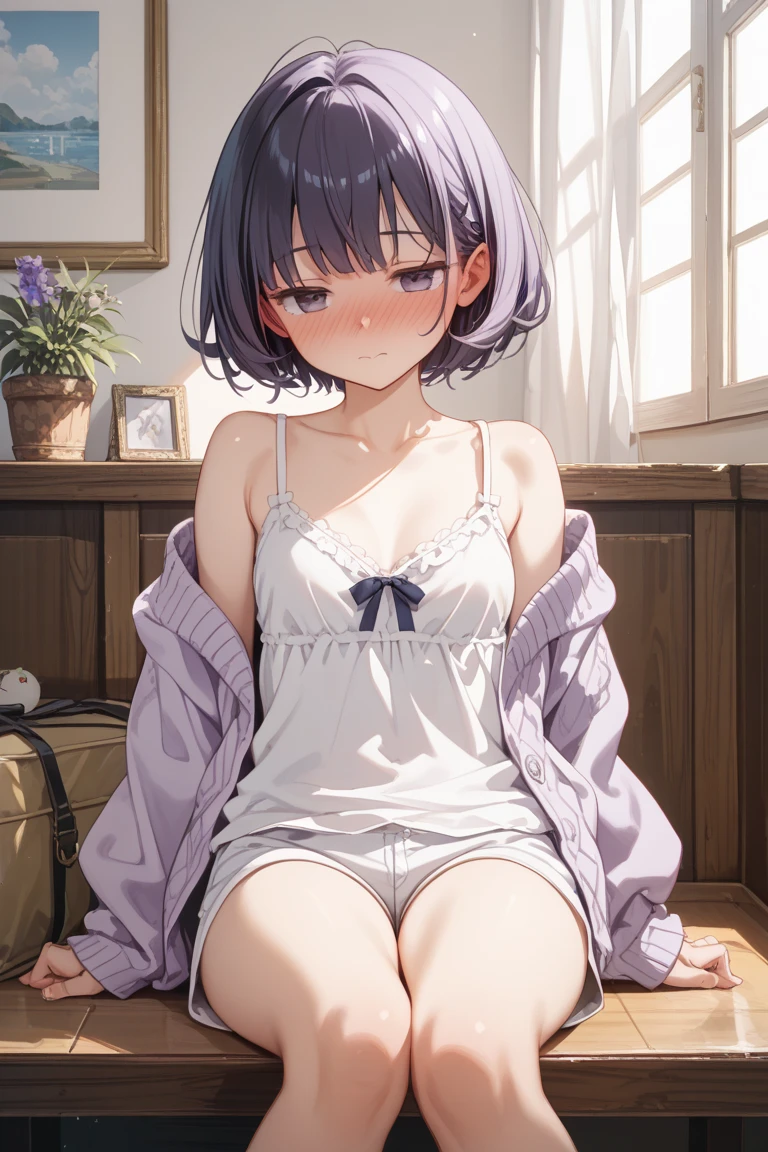 Ayane, 1 girl, smile, blush cheeks, ((10 years old:1.2)), ((:1.3)), living room, sitting on the sofa, spread both legs, camisole, mini skirt, Striped panties, ((lift up the skirt))