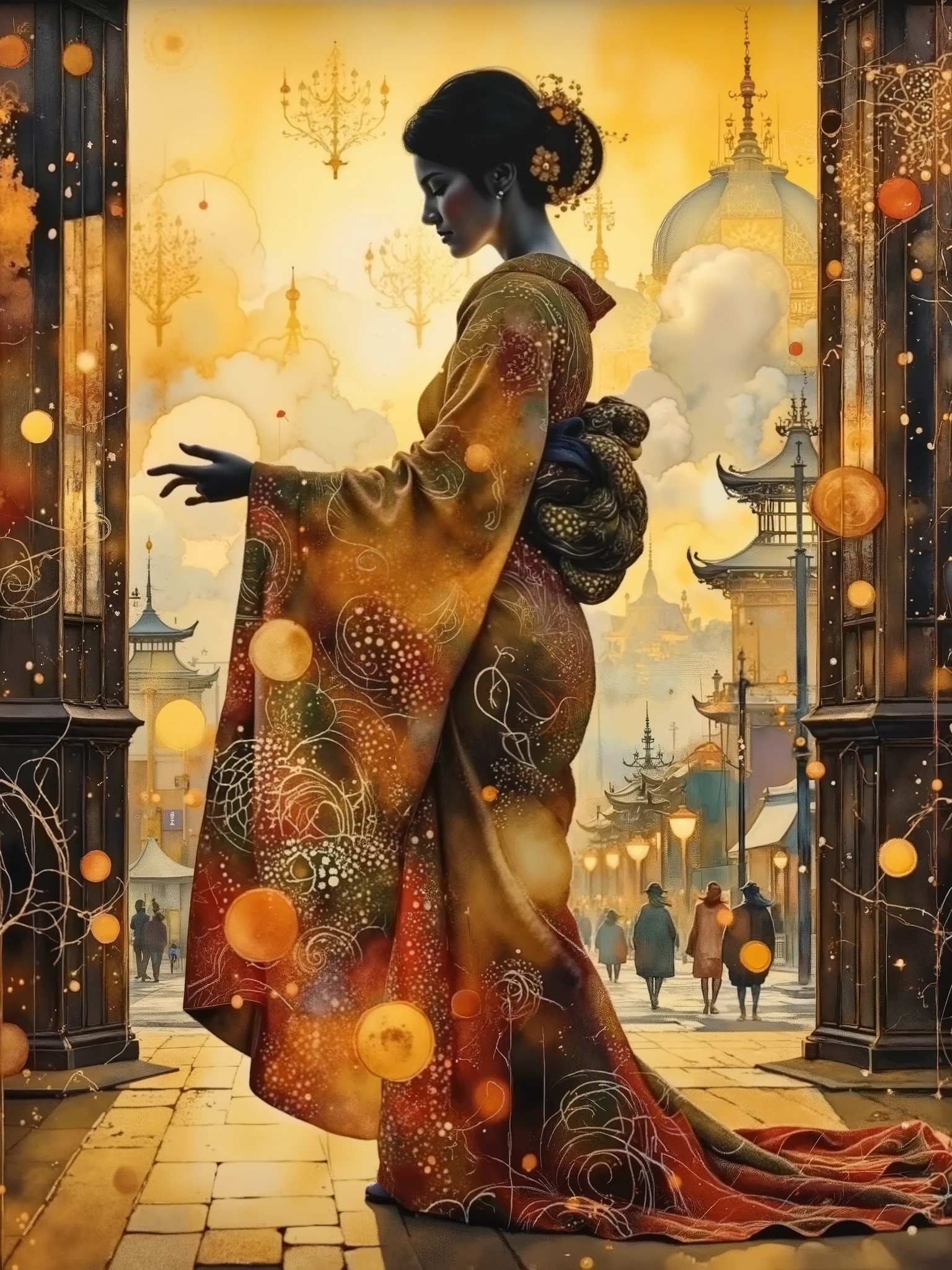 Double exposure, inpainting, A Silhouette  glowing lines japanese woman with kimono standing gracefully in a sunlit room, full figure, gestural glowing lines, classical dress, with art nouvesu pattern, Soft and subtle moonlight on her face.  classic building japanese pagoda  traditional city,  Pale colors, triad colors and intricate details abound.   High contrast, Silhouette, Art  The scene was bathed in warm golden light, creating a luminous atmosphere.   Rich,, overlaying her entire body with art nouveau patterns, abstract vector fractal, wave function, Zentangle, 3d shading graffiti art, splash art, street art, spray paint, oil gouache melting, acrylic, high contrast, colorful polychromatic, ultra detailed, ultra quality, CGSociety , piet mondrian square patterns at background, japanese classic city, pagoda building