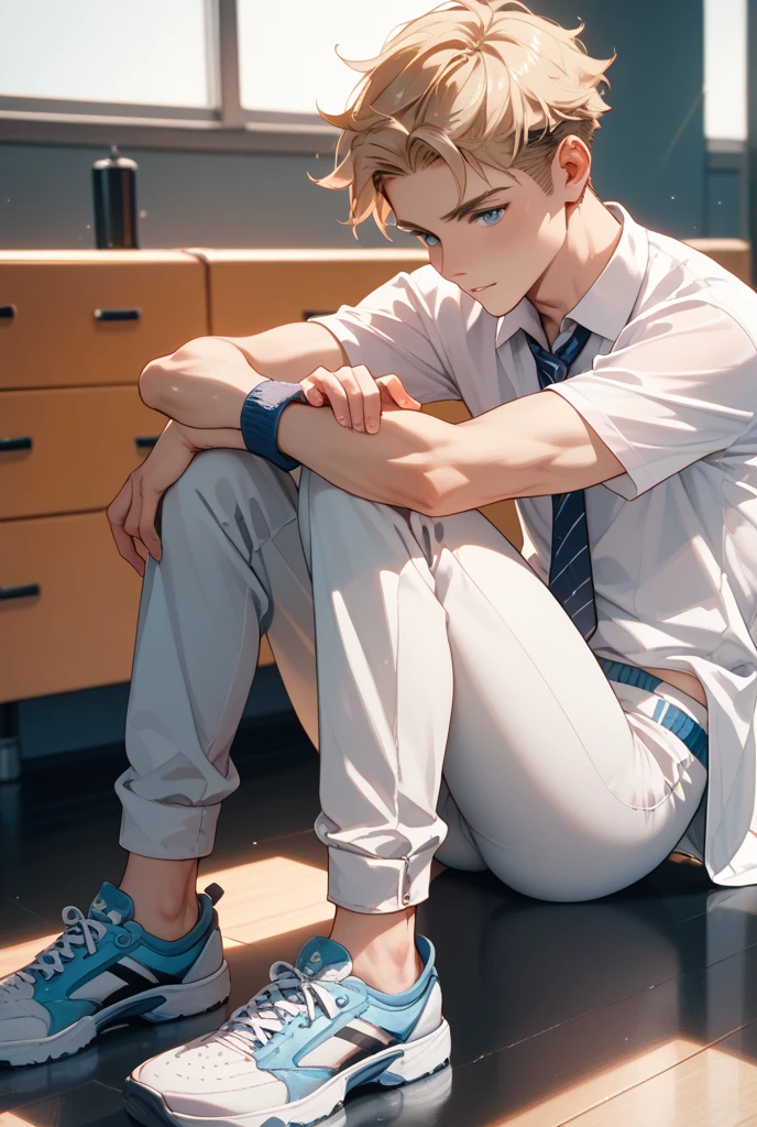 (1 Adult male),A high resolution, Sharp focus, Pixiv masterpiece, ((Complicated details)), highly detailed, natsuki_subaru, 1 man,sit astride, Lazy,CRIT,full bodyesbian,Stretch out, blue color eyes(eyes glowing), Short yellow hair,white shirt,Wear a tie,Wear a belt,perspire,rain,Drenched,Sweaty crotch,look from down