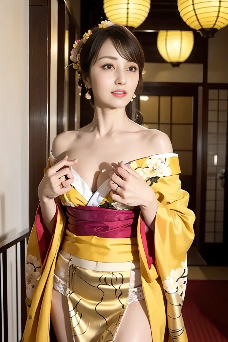 (facing back:1.2)、 (high-level image quality、hightquality、hight resolution、masterpiece、detaileds)、(There is a cute girl)、Smile looking at camera、(A pure Japanese hairstyle with a beautiful hairpin)、(Light brown hair)、(being thin:1.3)、(Small:1.3)、(Bra and panties with large kimono-style decorations:1.2)、She wears a collar, bangles, and a kimono-style garter belt.、(He holds a large golden dragon in both hands.)、The pose is so cute and nice、(Pure Japanese room in a big old house)