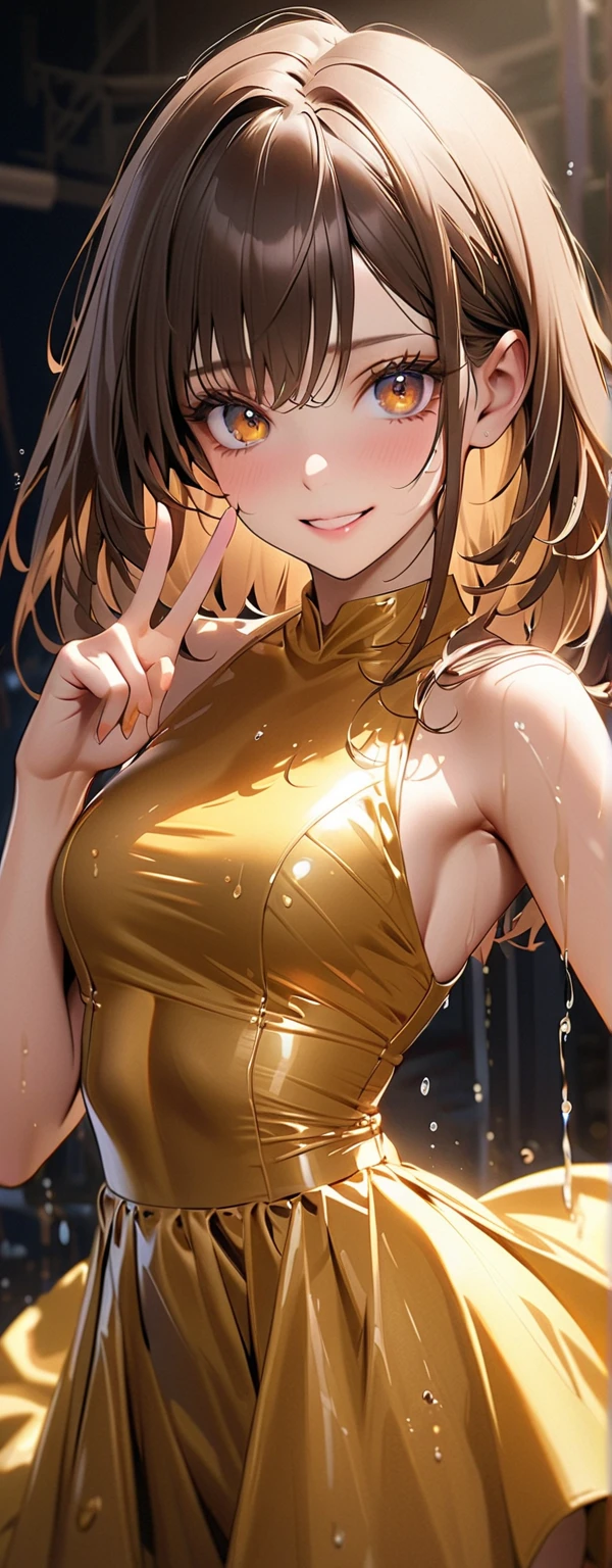 (Master masterpiece:2)、(((extremely fine and beautiful)))、(16k UHD:2)、(Wet girl:1.4)、(Sheer Metallic Gold Leotard:2)、（Black pantyhose:1.6）、(medium large breasts)、(Transparent skin:1.6)、(Long ponytail hair:1.8)、(Golden Eyes:1.8)、(Standing)、(Nominal body type)、(Glamorous:1.4)、(musculature:1.4)、（Thin thighs:1.6）、(Thin leg:1.6)、(A smile)、(Dance Studio:1.6)、(Dynamic Pose:1.8)、Correct anatomy、Good anatomy、Five Fingers、(((The ultra -The high-definition)))、(Ulutra HD)、(ighly detailed)), ((Very detailed and beautiful)), ((Very detailed and beautiful)), (luminism)),