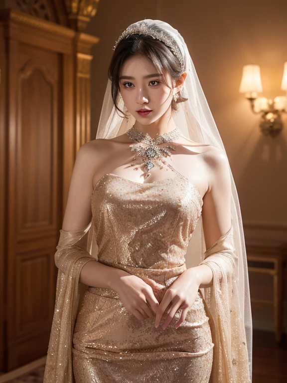 Flat Chest、(Slim body）、((Slim body))、Long Hair,masterpiece,diamond、big diamond necklace、Earrings,background of fantasy,(((Brown Hair)))、美しいきらめくcrystal玉, mystical 、Magic Ball、crystal、Fortune telling、Magical fantasy enchanted ethereal, Cinematic shots, Movie Scenes, amazing, Breathtakingly beautiful, たくさんのcrystalに囲まれて、Multicolored gemstones、Raw stone chunk、宝石からパワーとLightが満ち溢れている、A magical feeling in the air, Magical fantasy, Diffuse lighting、 Highest quality, High resolution, unity 8k wallpaper, (shape:0.8), (Beautiful details:1.6), Highly detailed face, Mr.々A gem、crystalからLight線、Light、Jewelry Dresses、Smiling happily、Wearing a veil、Fortune telling師のコスチューム、Full Body Shot、Beautiful legs、Standing surrounded by beautiful jewels、Spiritual World、Beautiful Churches in Europe、Gorgeous Chandeliers、