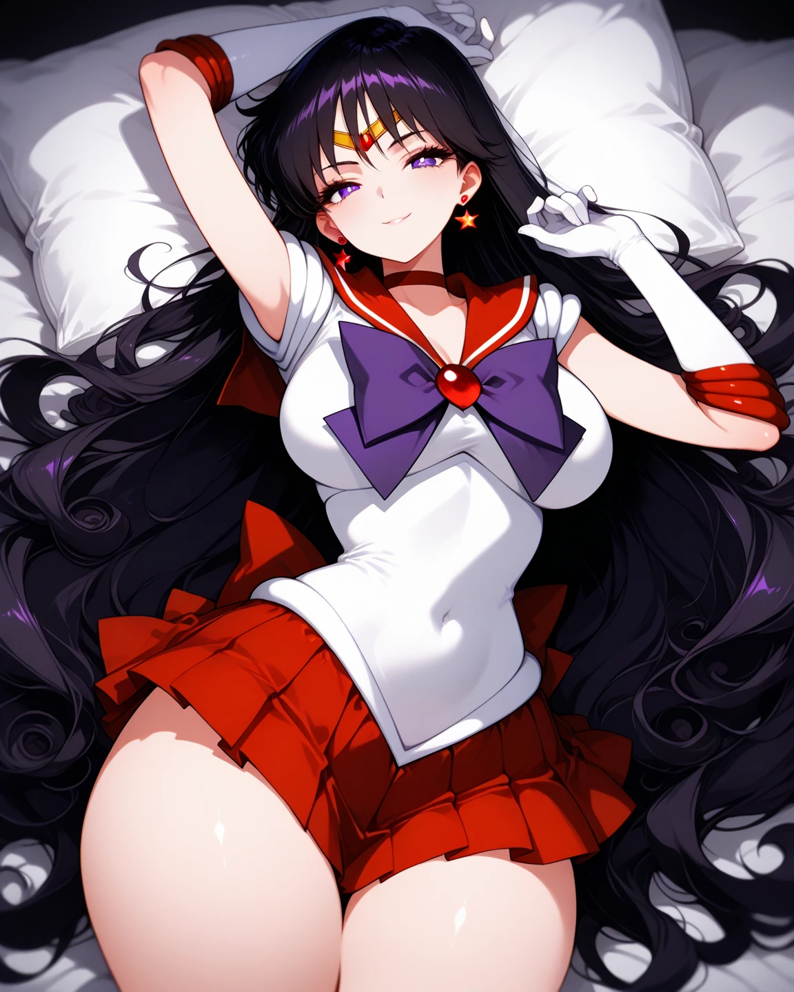 NSFW , (Highest quality:1.5, High resolution, 4K, Detailed lighting, Shaders),, tiara, Sailor Senshi Uniform, White gloves, Red Sailor Collar, Red Skirt, Star Necklace, Elbow hand pockets, Pleated skirt,, Purple ribbon, Denim photoshoot, front facing camera, Gentle expression, wind blowing hair, fluffy hair, hair ((black)), 　Bedroom　　(　masterpiece, Highest quality, 1girl, (nsfw:1.0), Spread your legs, seat, Elevate your legs, nude, (Pussy Focus:1.0) Sweat, Shiny skin, Heavy breathing, ( Sex, sexual intercourse, Insert, Hetero, Motion Lines, Motion Blur, Talking Spirit:1.1),