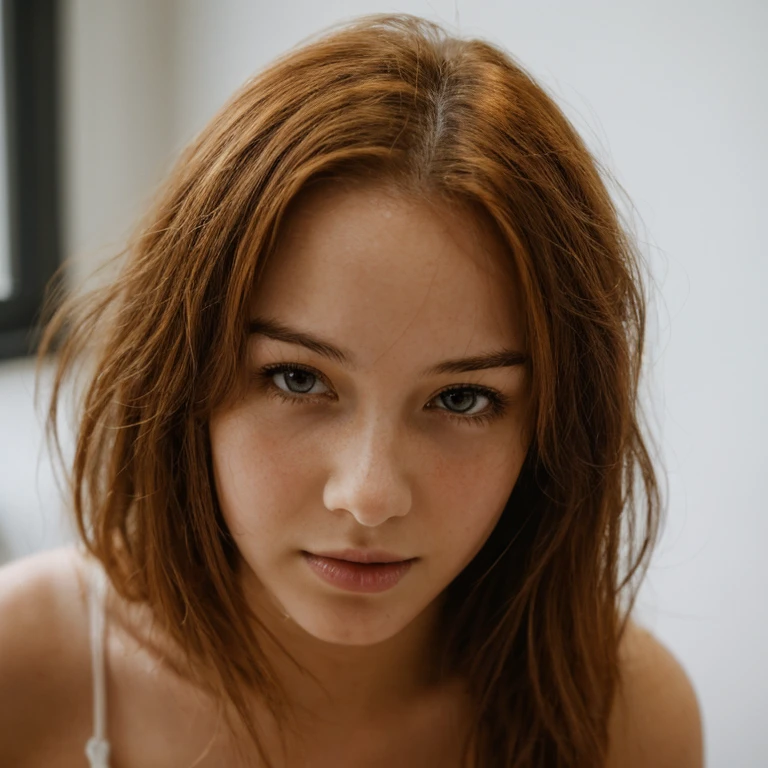 NSFW, naked, nude, open legs pose, naked pussy, ((Brie Larsson)), ((red ponytail)), Masterpiece, Full length portrait, nude, messy ponytail, holding hair, , belt, wifes, big breasts, neckline, thin waist, big butt, hot sexy woman, realistic image, DSC, LR, detailed skin, Detailed hyper-realistic face, Professional model, in bed, open legs pose, naked pussy,