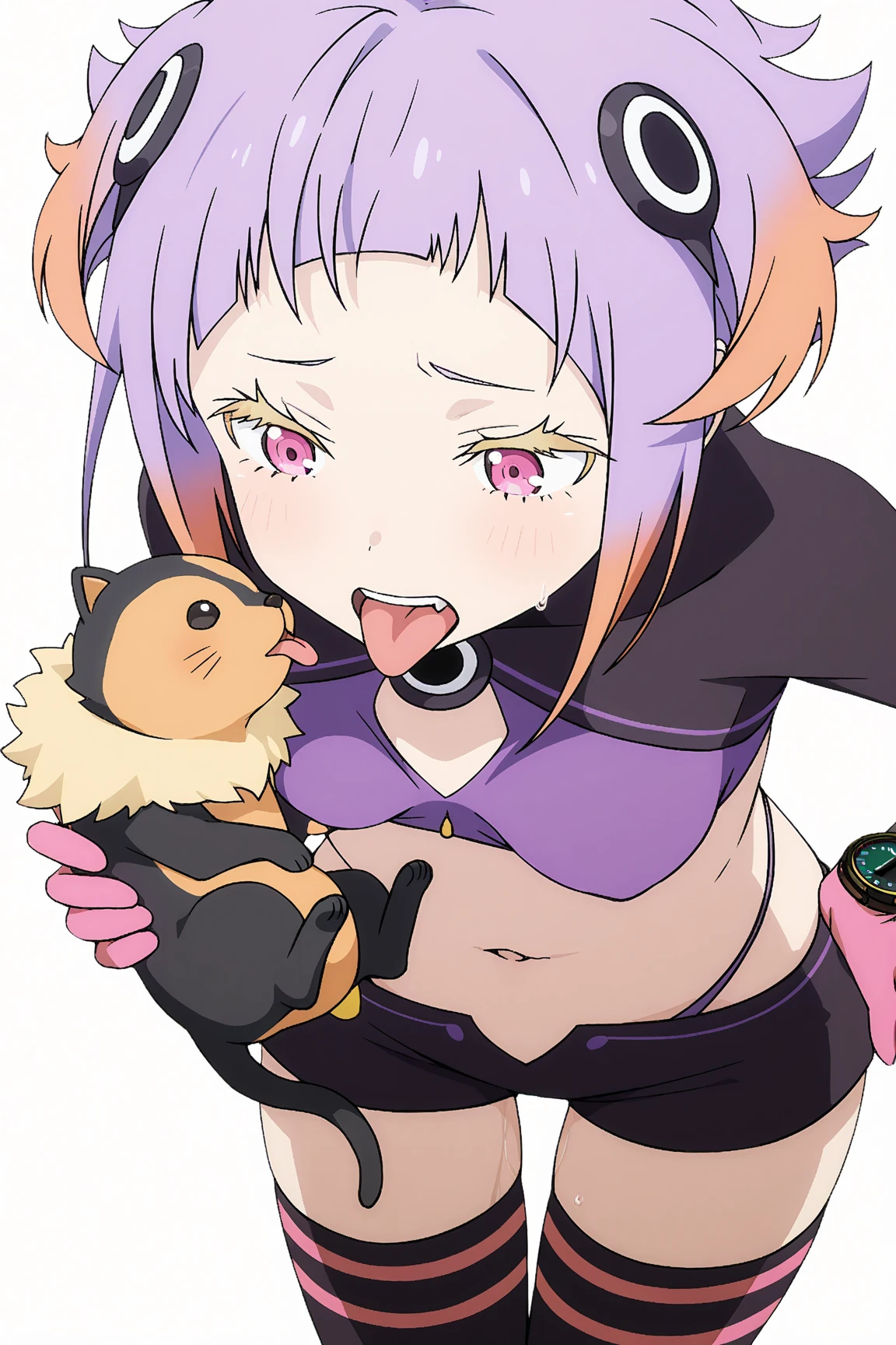 beautiful, (masterpiece: 1.2), (best quality: 1.2), perfect eyes, perfect face, perfect lighting, (1girl), (solo), (female focus), short stack, thick thigs, big ass, lying down, black swimsuit, licking a lolipop, tan skin, short hair, looking back, stocking