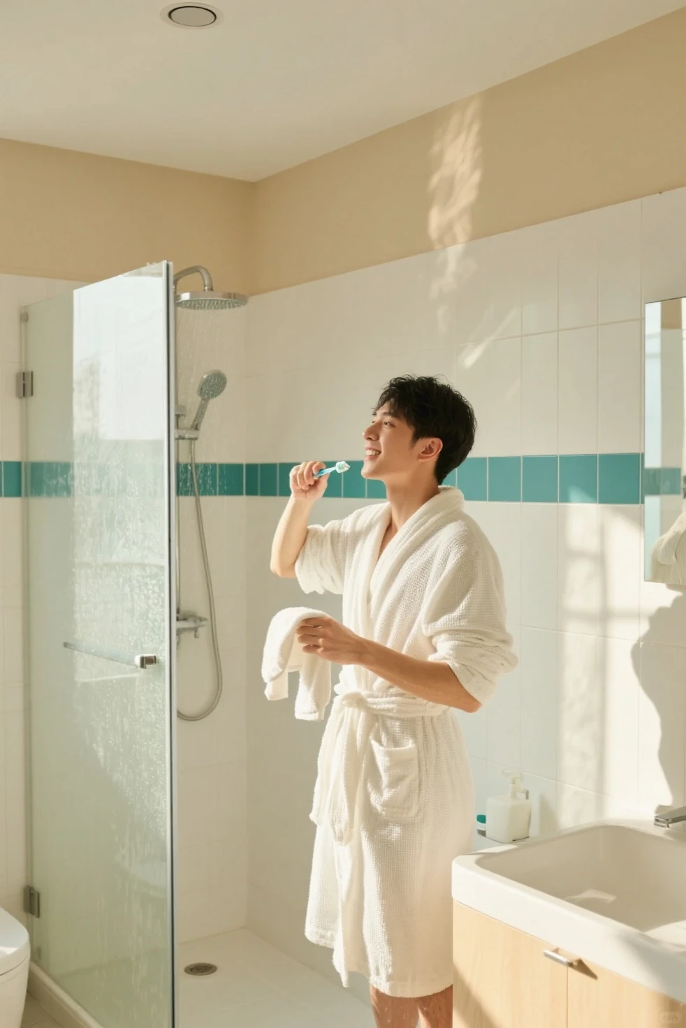 Indonesian male 28 years old soaking in bathtub while making phone call on bathroom phone