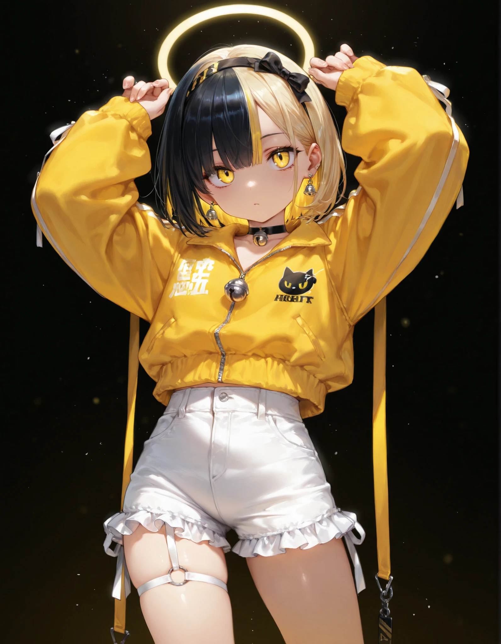 masterpiece, best quality, very aesthetic, 1girl, solo, multicolored_hair, black_hair, white_shorts, frilled_shorts, yellow_eyes, blonde_hair, shorts, jewelry, two-tone_hair, hairband, neck_bell, black_background, earrings, long_sleeves, short_hair, choker, jacket, bell