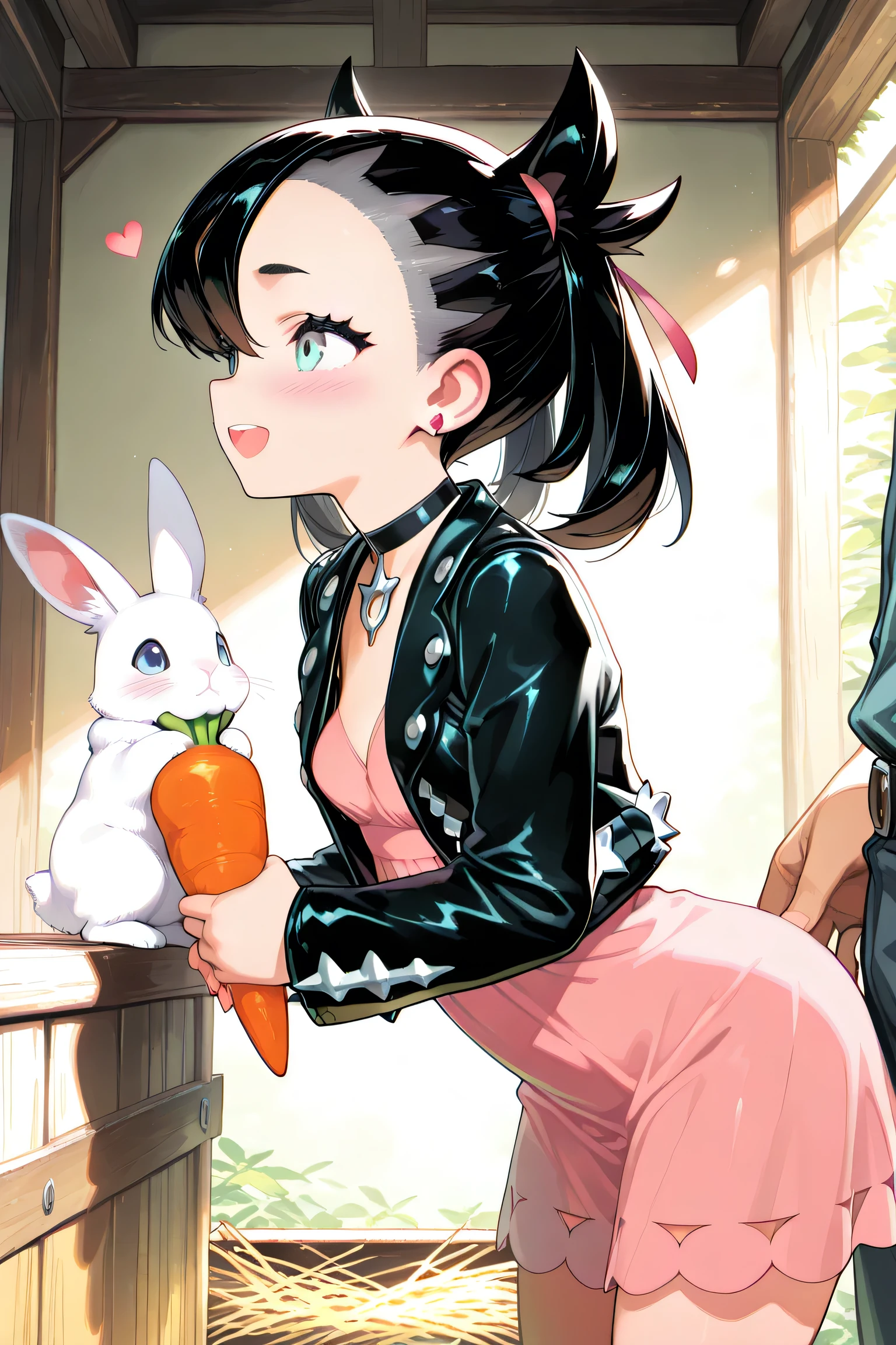 (masterpiece, best quality, good quality), profile, illustration, adorable girl, masterpiece, best quality, high resolution, Marnie, light blue eyes, black choker, red ribbon, pink dress, jewelry, black jacket, open clothes, long sleeves, cowboy shot, standing, smiling, (perfect hands, perfect anatomy), sunlight, best shadow, best lighting, leaning forward, small breasts,
farmer, girl holding rabbit, rabbit holding big carrot, tilting head, blushing, white fur, smiling girl, upper teeth, pastel colors, heart, cute to die for, pink ribbon, ribbon, gentle sunlight