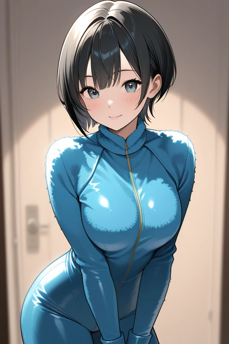 highest quality、Realistic、Women、zoom、Cobalt blue eyes、maroon short hair、Hero Suit、Glossy white bodysuit、Blue and silver accents、slender、Dark Skin、Glasses、Japanese-style room、Moonlit Night、Summer blanket、An inappropriate smile、Bust Shot、