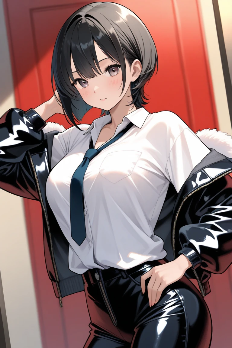 juri han, work of art, tight white secretary shirt with black tie, black high waist skirt, short skirt, short hair, black hair, black tights