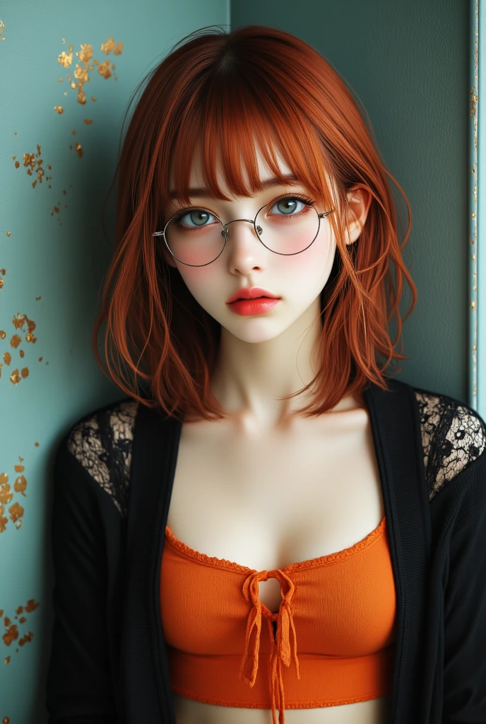 a portrait of one (milk-soaked: 1.2), bangs, (orange hair: 2.6 ), (bob cut: 1.5), glasses, (RAW photo, realism: 1.8), freckle teacher is sitting on a balcony, : vantablack shirt: 18], visible through the vantablack t-shirt, slate atmosphere, cinematic, faded colors, dark shot, soft colors, grainy film, lut, insane details, intricate details, hyperdetailed, close-up, twilight