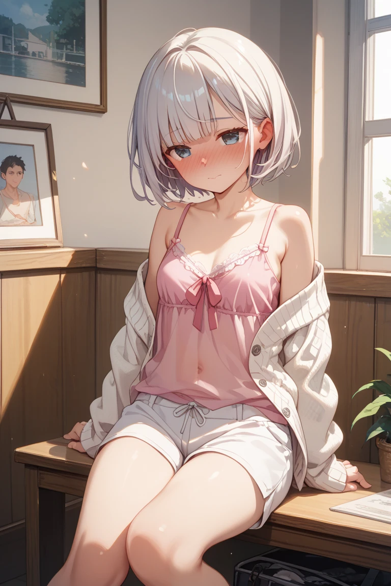 high-level image quality、top-quality、Detailed drawing、Does not blush cheeks、Slender beauty、Docile、White swimsuit、Small eyes、Smaller chest、Gray Hair Shortcut Hair、Petanko sitting、Sister sitting、Inner thigh-sitting、a bed