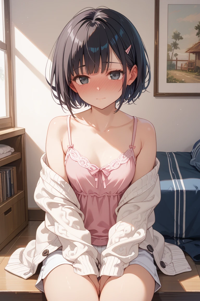 Melhor qualidade, extremely high-resolution, obra-prima, garota,1girl,solo,cabelo preto, cabelo curto, olhos castanhos claro,sentada na cama, hands back, camisola branca,coxas grossas,coxas nuas,mid chest, Shy,shy look, olhando para baixo, olhando para o telespectador,corando, adulto
