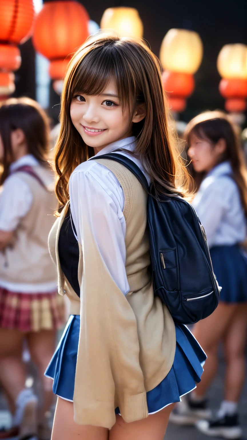 Top quality, 1 beautiful Japanese girl, 13Age, Brown Hair,idol,Short skirt,Cute,Smile,Chile show