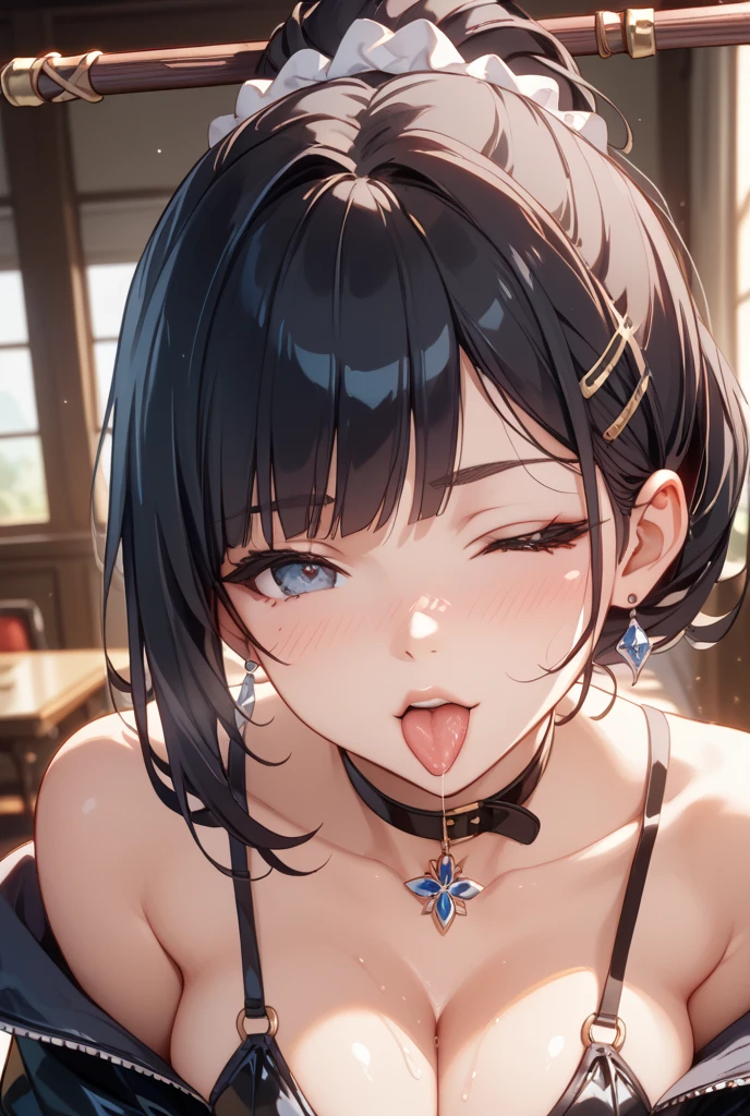 pov, , paizuri, 1girls,, ,penis between the breasts, party dress, expensive accessories, cleavage, room, mirror, mirror reflection, sweat, beauty mark, short hair, blunt bangs, medium breasts, tongue, saliva,