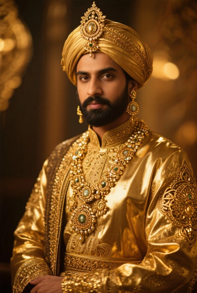 Front view symmetric portrait photo of a tall, stoic, stern::1, bearded, handsome man, wearing a long black ornate indian sherwani::3 suit, in a bright::2 opulent ballroom. Vivid yellow::2, amber, and blue bokeh::3 background. Full frame 85mm f/1.4 lens.
