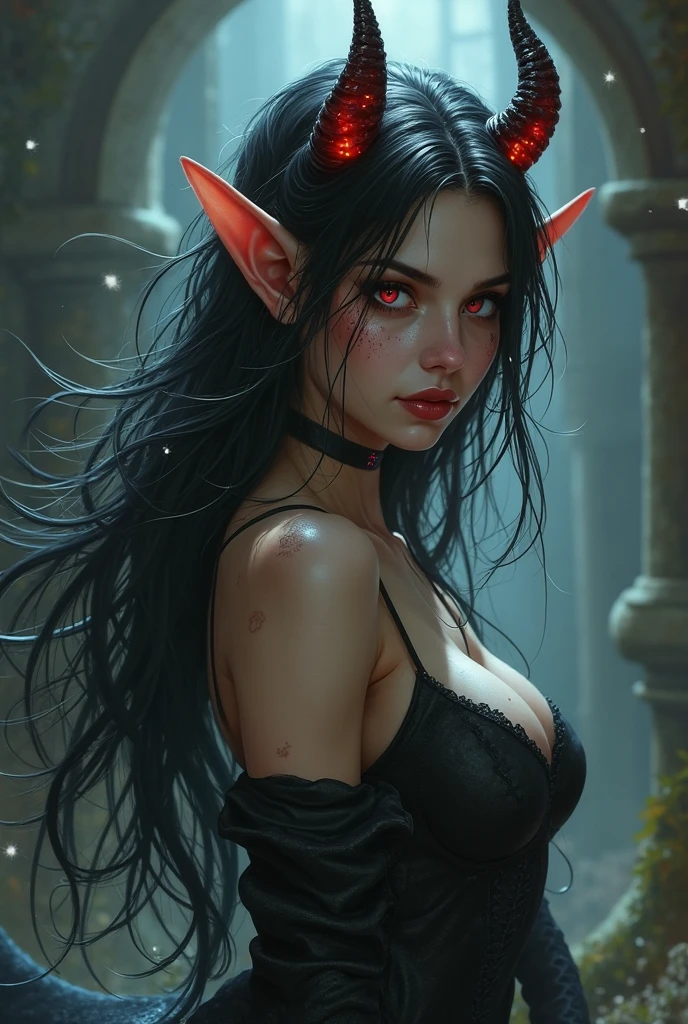((face close up, face shot)) ((Sexy, tall and very beautiful goddess of death)) ((dark eyeshadows make up)) ((bright red lipstick)) ((very pale skin)) ((big bright grey eyes)) ((very long straight black hair with bangs covering one eye)) ((big breasts:1.5)) ((weras strappless top)) ((choker)) ((gothic, dark fantasy)) ((high definition:1.5), ((gloomy ambient)) ((pale lights)) ((masterpiece:1.5))((8k:1.7)) ((Best quality:1.4)), more_details:-1, more_details:0, more_details:0.5, more_details:1, more_details:1.5,detailed eyes, detaield hands, detailed face, elf woman, full body, wet,drops of water,wet
