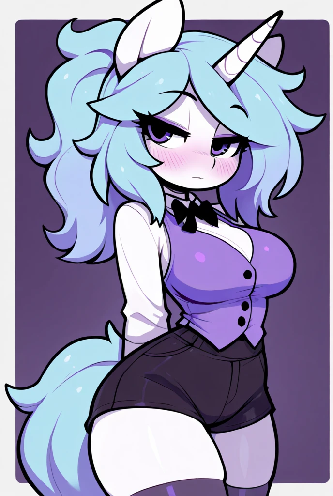 Female, blue hair, curly hair, blue eyes, black fur, curvy, skirt, crop top, bunny, bunny ears, fluffy