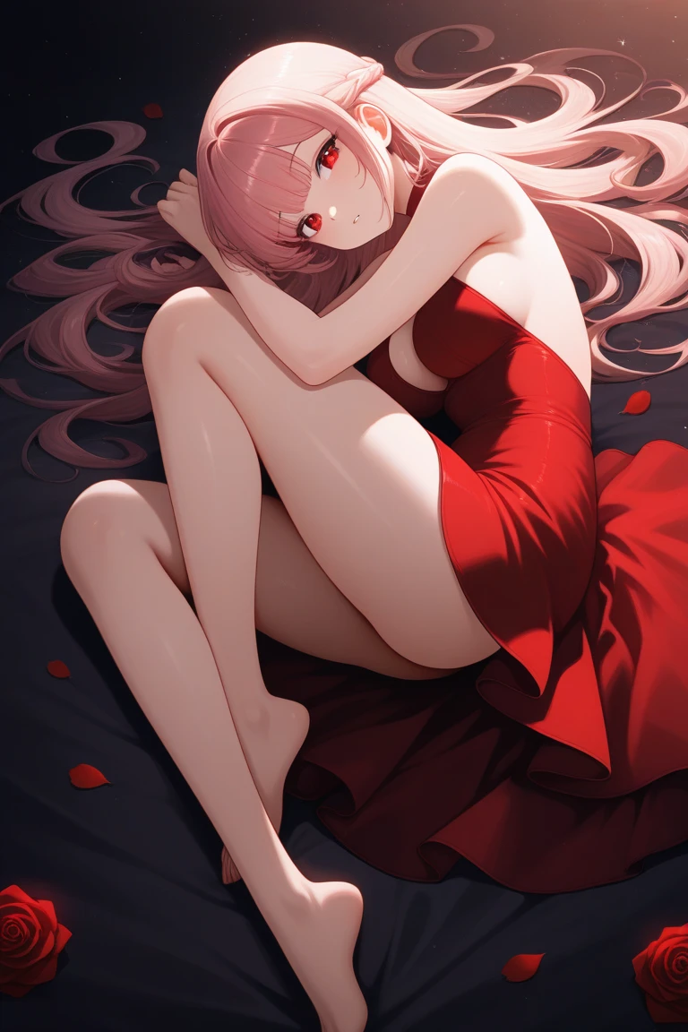 1girl, character Zero two, wearing red swim suit, beach, absurdres, high res, ultrasharp, 8K, masterpiece, lying down on the sand