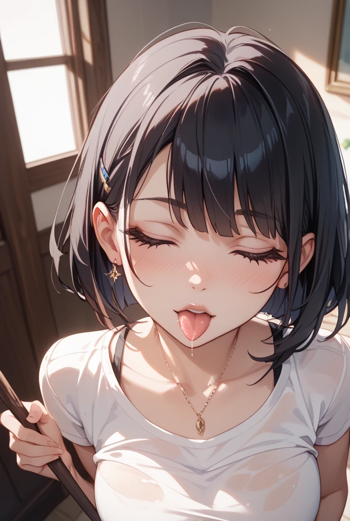 side view,eye-level shot,face focus,open mouth,tongue out,cum on tongue,lick,(1girl,Beautiful 16 year old girl),((Slender,Small breasts,Baby Face,Small face,)),looking at viewer,Black Hair,bangs,two side up,Gray Eyes,Drooping eyes,slit pupils,narrow eyes,collarbone,White sweater mini dress,bare shoulder,Beautiful and detailed anime art,Mischievous smile,Dimly lit room,Simple Background,Gray background,Low lighting