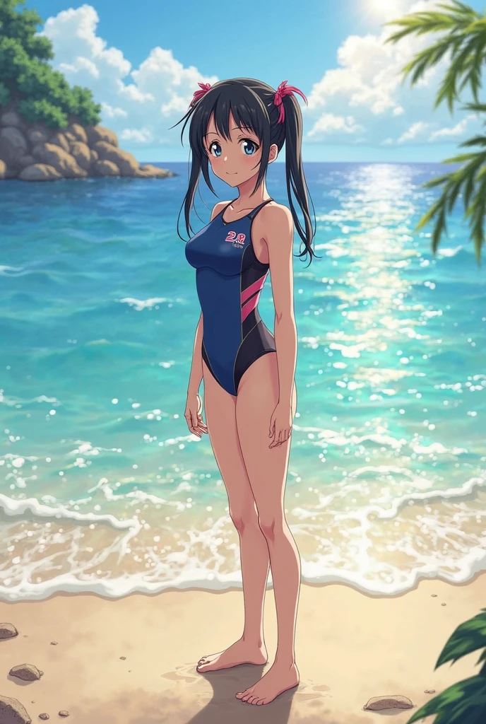 NSFW、In the best quality、Teenage girl standing on a sandy beach。In high resolution、Beautiful details、Quiet atmosphere。Black hair ponytail、Cute Smile.。Small breasts、Cute floral one-piece swimsuit。