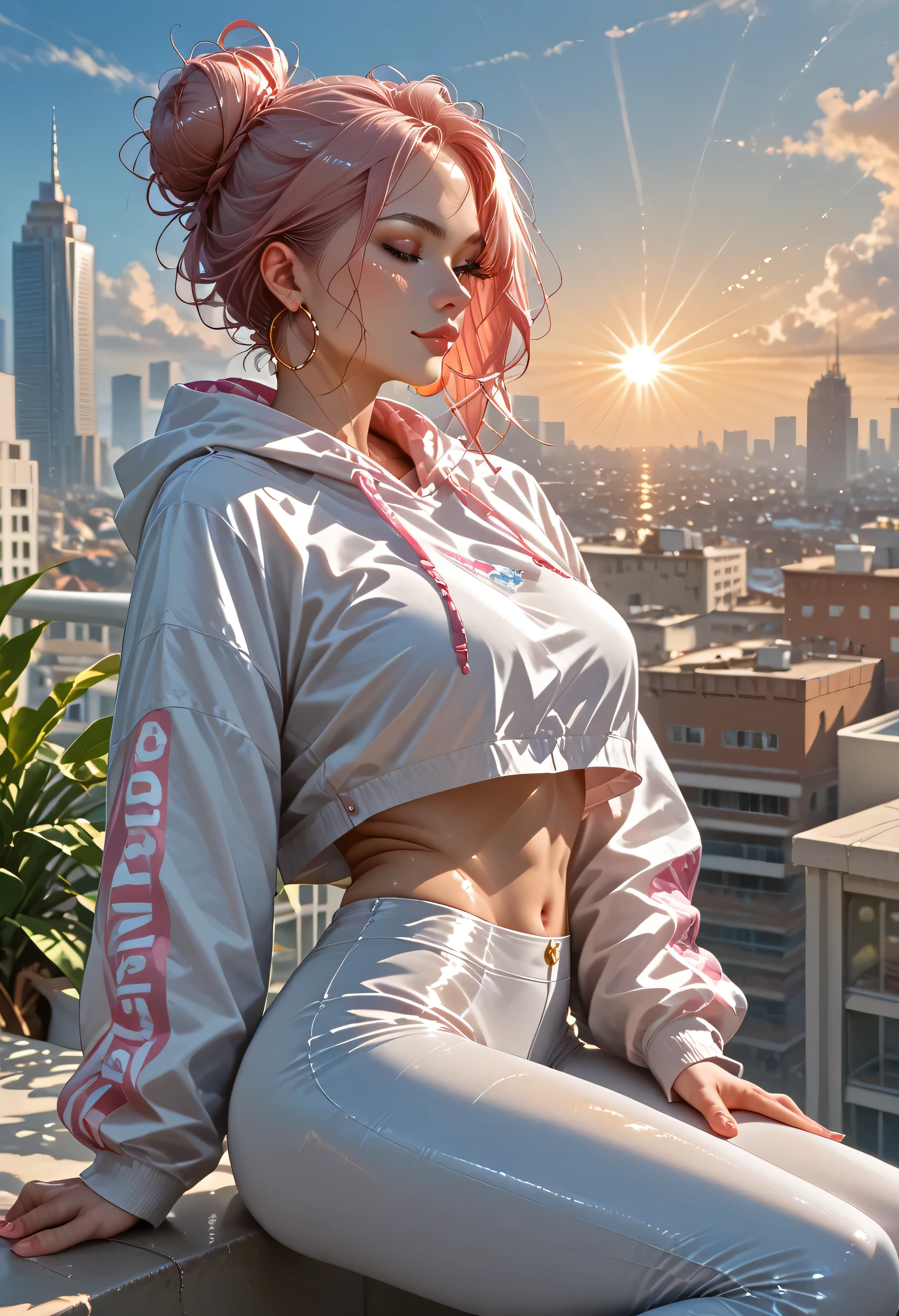 Stylish, athletic woman with pastel pink hair in a bun, posing on a rooftop at sunset. She wears a shiny silver jacket, light pink bralette, and tight black leather pants. Her skin glows in the golden sunlight as the city skyline stretches behind her. A soft breeze lifts her hair, and her golden hoop earrings catch the light. Confident expression, luxury streetwear, warm dreamy lighting, high-res fashion magazine look