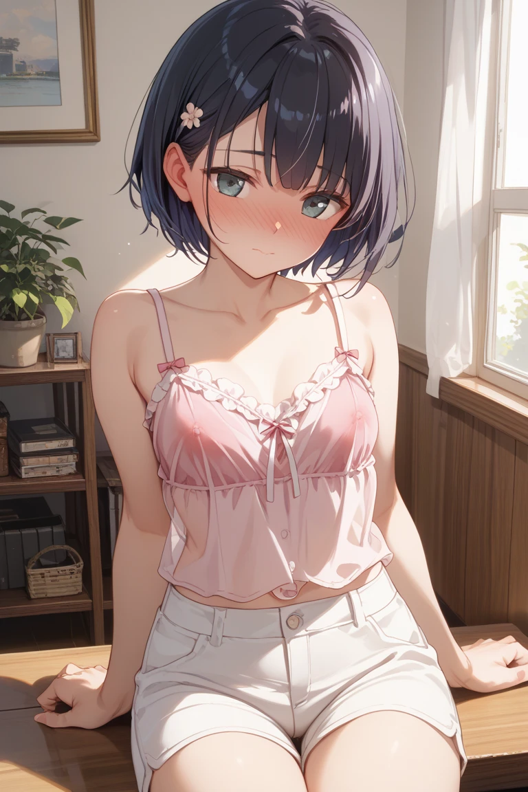 One girl、Standing on a wooden stage、Light blue bra、Wearing a dark blue pleated skirt、Dark pink hair、Feeling embarrassed、blue eyes、looking at the camera、Bob Hair