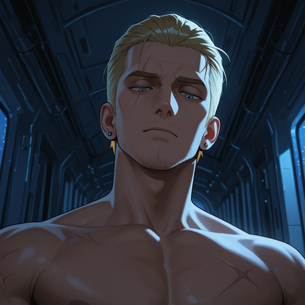 best quality,masterpiece,Ultra high detail,A handsome muscular fractal man, Short blonde curly hair,topless,Full full body a beautiful couple, Handsome hunky white haired Solarboy wearing a white spandex and gloves and handsome hunky black haired Lunarboy wearing black, standing firmly face frontal camera focus asymmetrical face details,charachter, beautiful, devian art, trending artstation, digital art, detailed, realistic, humanoide, character,cinematic sho ,cinematic lights, high textures, high resolution, dreamlikeart, 8k, highly detailed, stabilized diffusion. Detailed face and fingers.