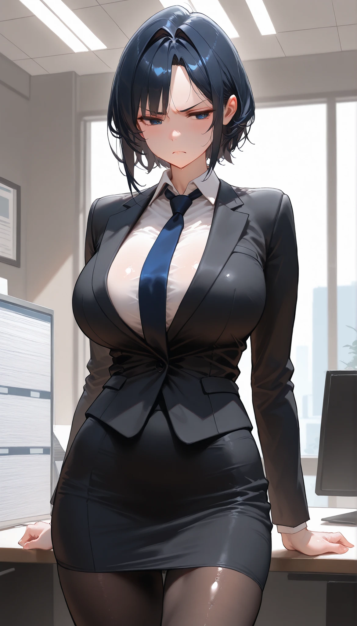 A Office Lady wearing A Black Suit,Black Pantyhose,Shiny skin,(Dark Blue short hair,hair intakes, parted bangs),frown,Slim body,big oppai,In Corporate Office,standing beside the Office Desk,UHD, SOLO, anatomically correct, masterpiece, textured skin, high details, highres, 1080P, 16k, accurate,Cowboy shot