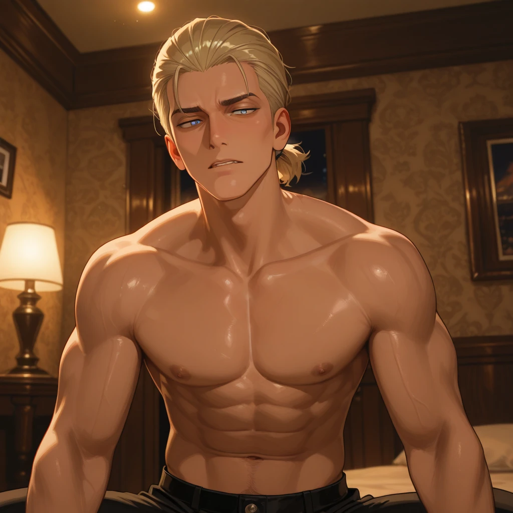 He is a mummy with a stylishly tousled blond hair and piercing pink eyes. He sports a well-groomed short beard that complements his tall stature.