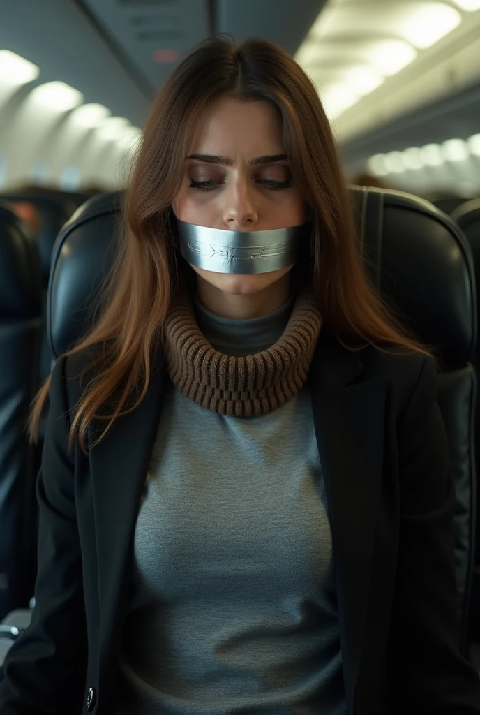 Une jeune fille est assise dans un siege d'avion avec des menottes aux poignets. Dans un des maillons de des menottes il y a une chaîne qui est relié au siege et la jeune femme a sa bouche couverte d une écharpe en soie. Elle a les cheveux mi long rouges et lisse elle est âgée de 25 ans