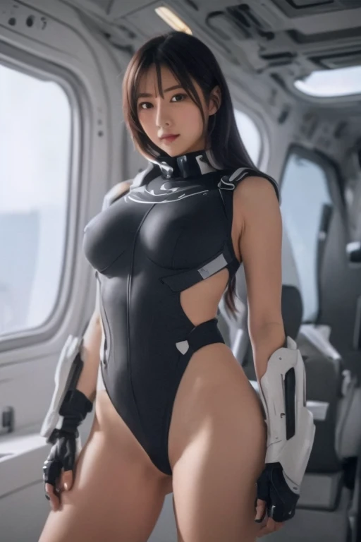 Beautiful scifi girl standing in front of a gigantic mecha robot, she wearing red belt and skimpy yellow bikini, her both hands hold the belt, big beautiful breast, (((muscle hips))), ((beautiful natural female torso)), cybernetic legs, augmented arms, (((naked legs))), photorealistic, masterpiece, best quality, realism, raw photo, hdr, mylene farmer young face, long black hair, full body zenkai! asuka suit, hyperrealistic full figure, cutesexyrobutts, (underboob)