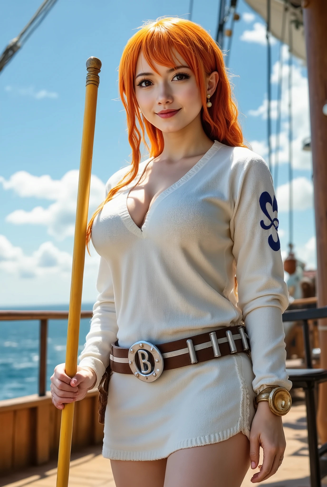 A realistic live action full-body photo of a beautiful young Japanese woman standing confidently on the deck of a realistic ship inspired by the Thousand Sunny from One Piece. She is live action Nami From One Piece after time skip, she has big bigger busty, She has long, straight orange hair with a braid on one side, she has big brutal bigger busty breast, wearing a tight, short white sweater dress with long sleeves, and a large brown belt with a silver "B" buckle. She holds a long yellow staff and looks determined. The background is bright and sunny with blue skies and a ship railing. High resolution, cinematic lighting, ultra realistic, live-action style.