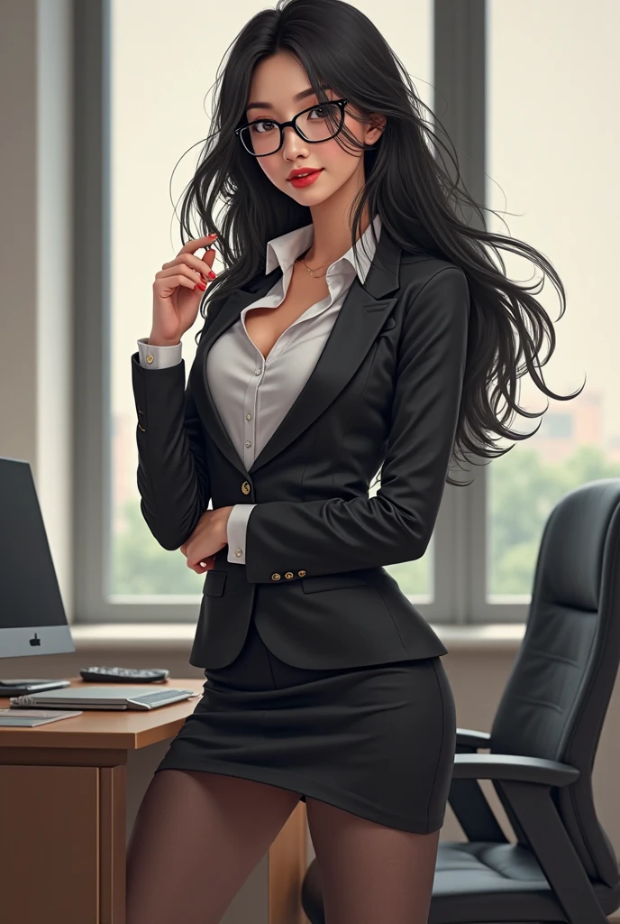 "Create a detailed image of a tall, mature woman named Vivienne Hart. She is 37 years old and stands at 6'3" with a toned, curvy physique. Vivienne has long, dark green hair styled into a sleek ponytail, with loose strands framing her stern, hazel eyes that exude power and intensity. She wears stylish glasses that add to her commanding presence.
Her outfit is a form-fitting, black business suit consisting of a pencil skirt and a matching blazer. Underneath the blazer, she wears a light white blouse, partially visible. Her legs are covered in sheer black tights, and she completes the look with sharp black heels. Vivienne's expression is both seductive and intimidating, reflecting her dominant and sadistic personality.
The background is an upscale, modern office setting, with sleek furniture and large windows, subtly indicating her high-status and the powerful business environment she operates in. The overall atmosphere should convey authority, control, and a hint of danger, capturing her as a strong and ambitious woman who is not to be underestimated."