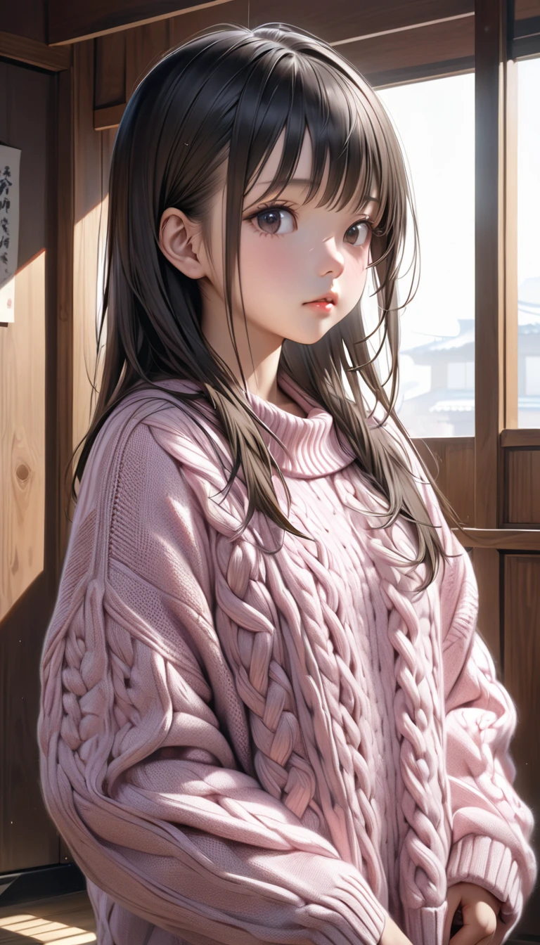 kawaiitech,pastel color, kawaii, Cute colors ,crass room, (((pink vagina))), scholar , sscroll, 1girl in,light brown hair, Turtleneck sweater, argyle sweater, Ribbon Hair Tie, Braids,length hair, blue grey eyes ,Glowing eyes, Smile ,Closed mouth, ((Best Quality)), ((masutepiece)), (Highly detailed:1.Phototriaritic:1.4)