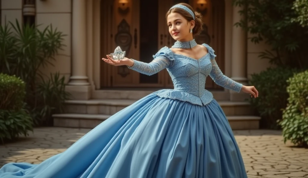 Cinderella eagerly put on the beautiful silver ballgown, slipped on the delicate, long, white gloves and the shimmering silver stilettoss, and placed the sparkling tiara atop her immaculate updo. She also adorned herself with the beautiful jewelry. Once she was fully dressed, Cinderella took a deep breath and dove into the mud with abandon. She rolled around in the thick mud, feeling it squish and squelch against her skin and soak into her gown.
