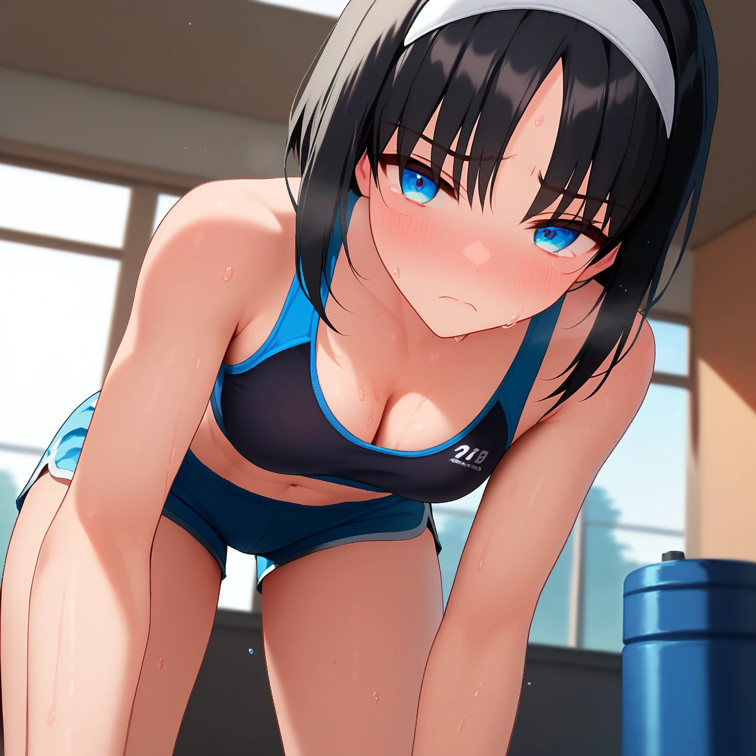 Too Beautiful Girl, Black Hair, Shiny, Blue and white athletic bra, Blue and white underwear, High leg cut, white sports shoes, smile, Training Gym