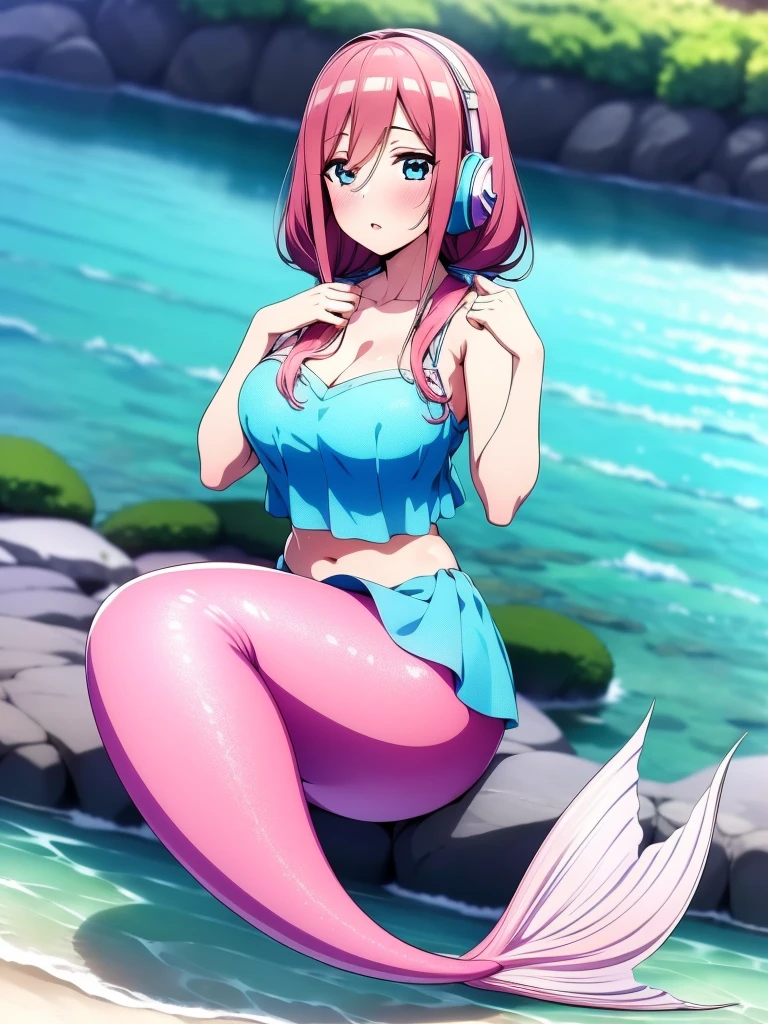 Nakano Miku Nakano Miku / 5-Toubun no Hanayome, mermaid, long green mermaid tail below waistline, long hair, pink hair, blue eyes, bra, large breasts, water, 