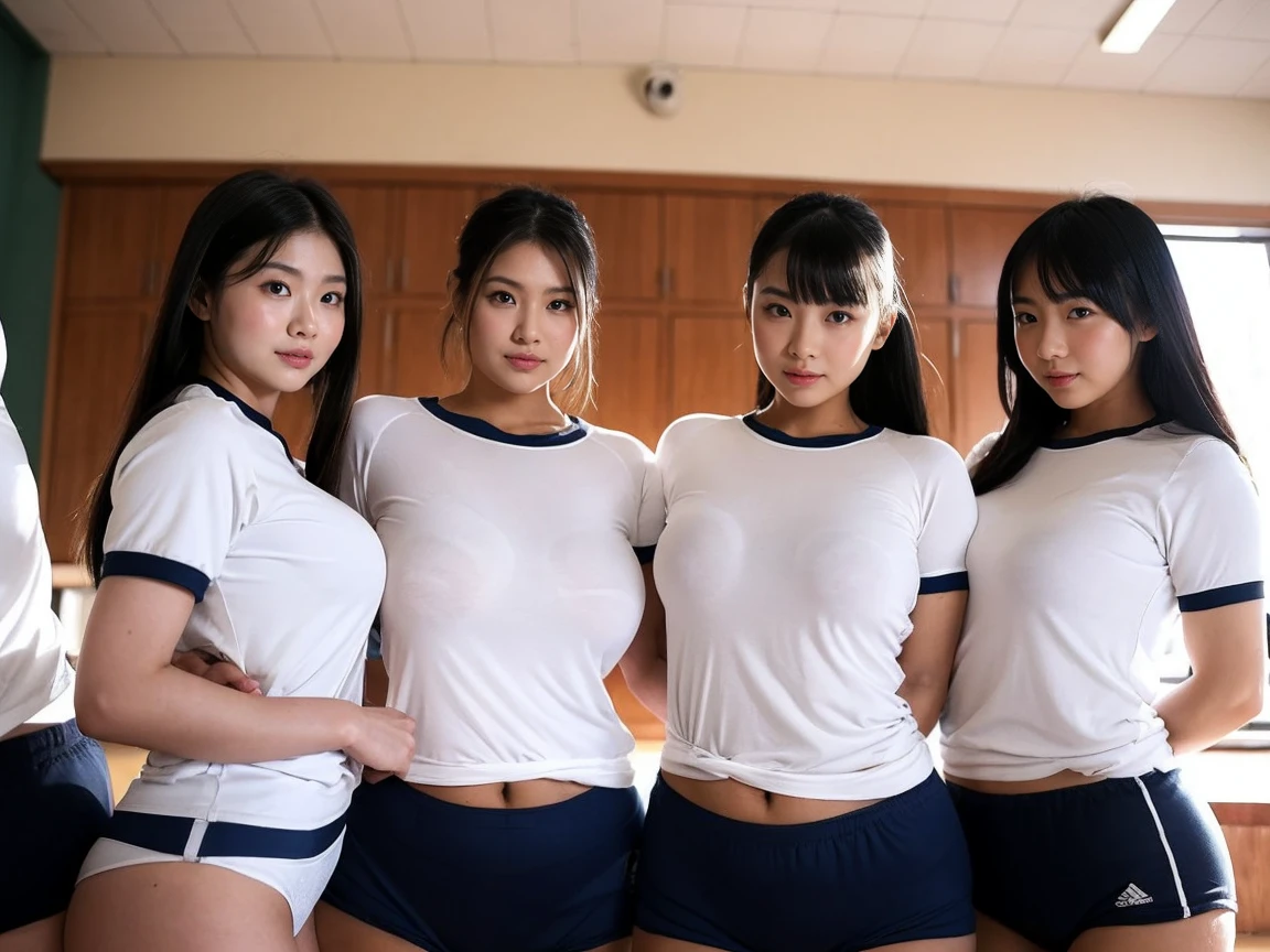 two thai girls, girls wearing high school uniforms, one is standing, ((the other one is kneeling facing the thighs of her girlfriend)), red lips, cheek bulge, excited, short ponytail, short hair, wet hair, (sweating:0.8), (sexual arousal:0.8), dutch angle, UHD, 8k, highres, best quality, masterpiece, anatomically correct, super detail