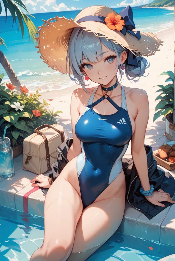 masterpiece, highest quality, High resolution, brown eyes、smile、swimsuit、In town、Blissful expression、short hair,blue hair, white skin、thick legs、,embarrassing,