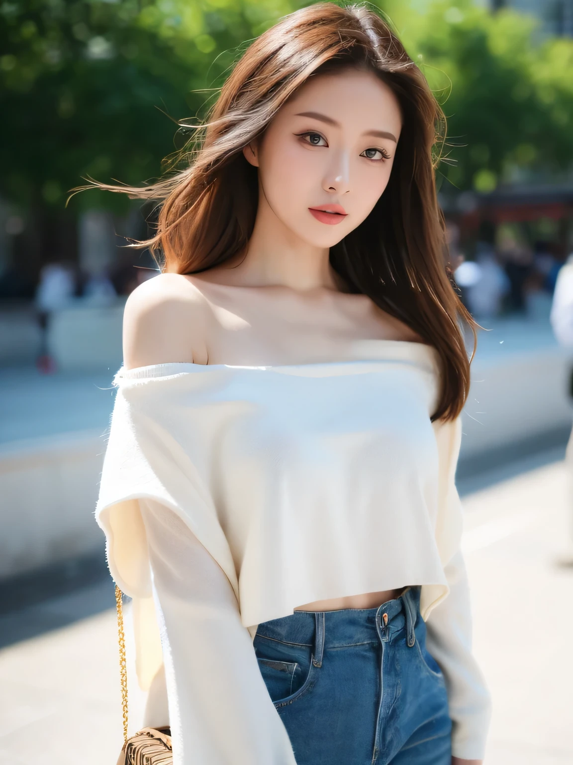 hyper quality,high detail,high resolution,FHD,1080P,2K4K18K,1girl,solo,(From the front),chinese clothes,off shoulder,Shiny and fair skin,outdoor,simple background,