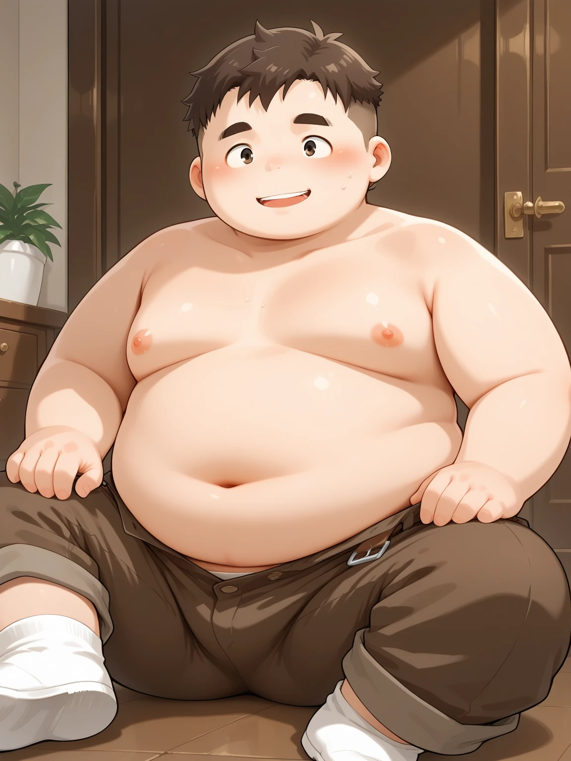 beautiful, (chubby), (very short hair), (pudgy face), (naughty), ((high school students!), (handsome), (thick), (overweight), beefy, (nipples), (cute), (little brat), (naughty brat), (へそ), ぽっちゃりした体, (big belly), 汗ばんだ体, (臭そうな体), (naked), (nude), (sexy),