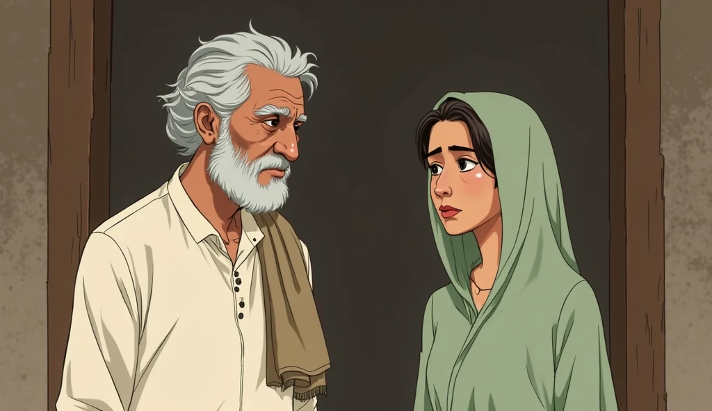 Animated image of a young Muslim man talking sadly sitting with his very old mother in front of a small and rickety house.